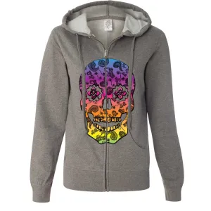 Neon Paisley Print Sugar Skull Ladies Zip-Up Hoodie