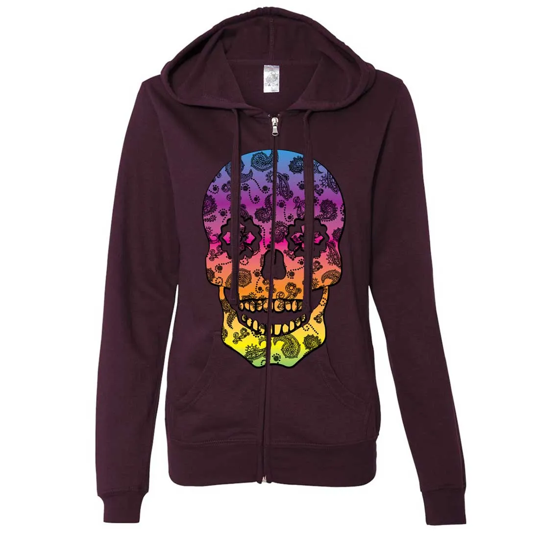 Neon Paisley Print Sugar Skull Ladies Zip-Up Hoodie