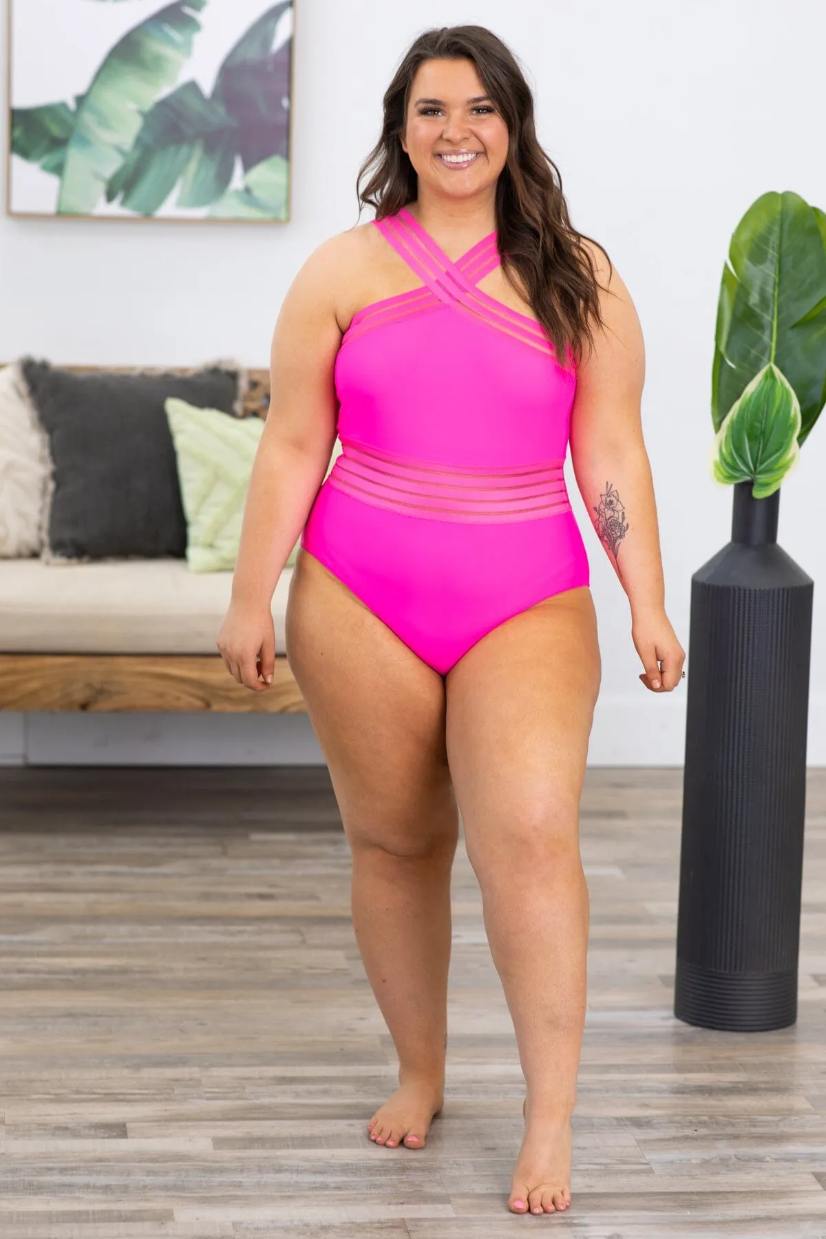 Neon Pink Halter Neck One Piece Swimsuit