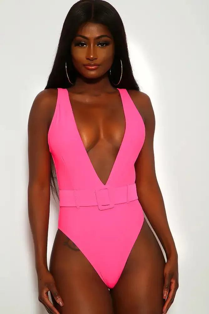 Neon Pink V-Cut One Piece Swimsuit