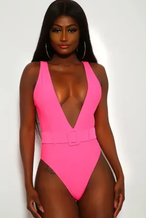 Neon Pink V-Cut One Piece Swimsuit
