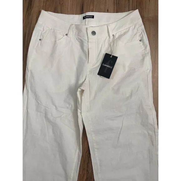 NEW Flamingals Wide Leg Womens Ivory Pants 32&quot; Lightweight Denim Flap Pockets