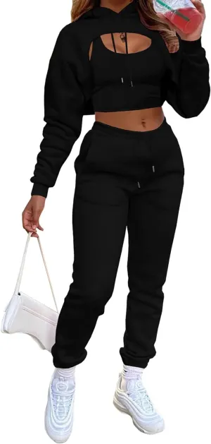 New Vssjavun Women's Sexy 3 Piece Tracksuits - Long Sleeve Pullover Crop Top Hoodie  Tank Top Drawstring Long Pants Sweatsuit Black, Sz XL