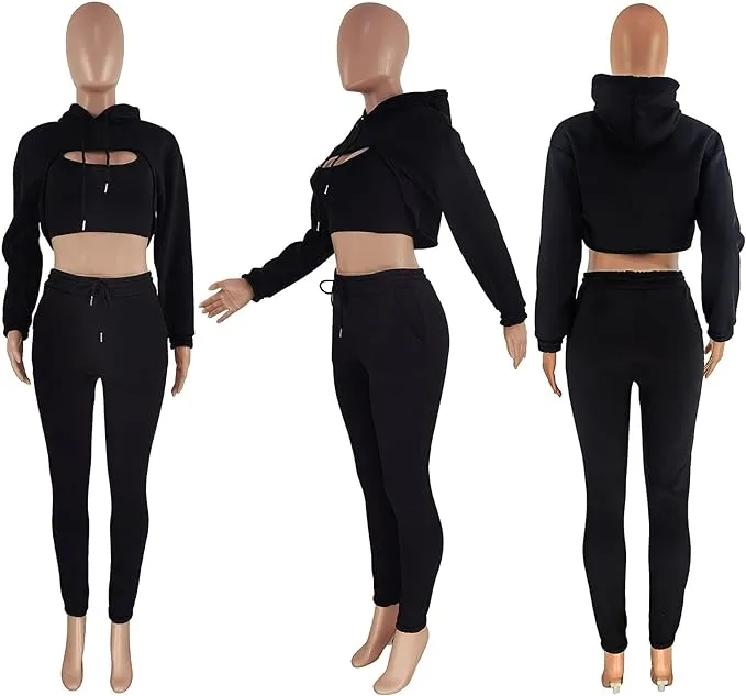 New Vssjavun Women's Sexy 3 Piece Tracksuits - Long Sleeve Pullover Crop Top Hoodie  Tank Top Drawstring Long Pants Sweatsuit Black, Sz XL