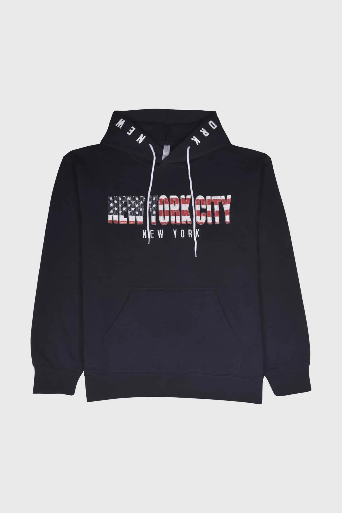 New York City, Embroidered Patriotic Hoodie With Hood Graphic - Navy