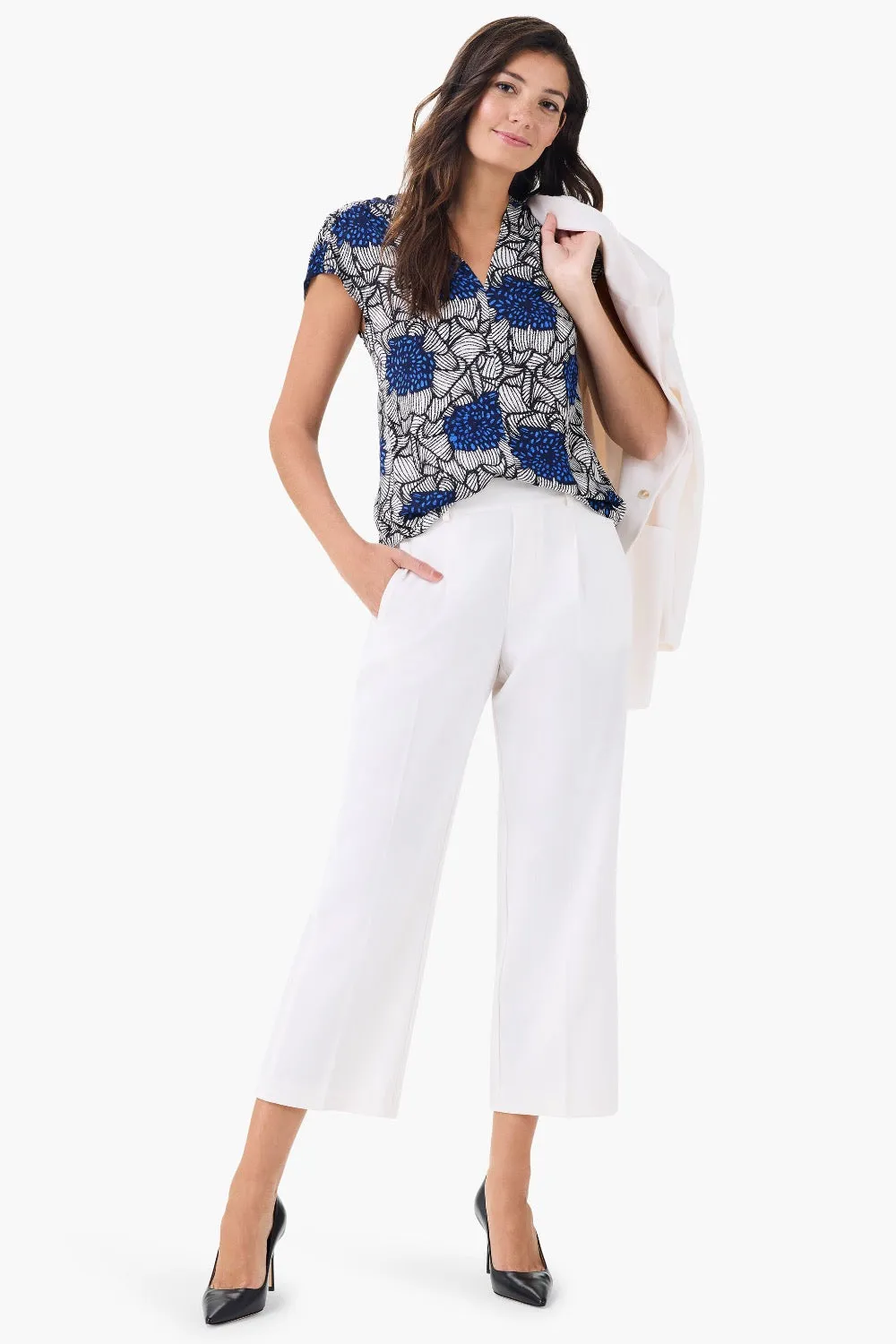 NIC ZOE Blue/Multi Petal Bloom V-Neck Cap Sleeve Top M241662
