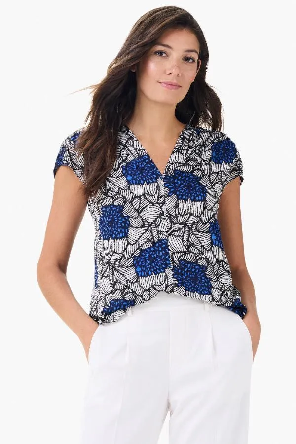 NIC ZOE Blue/Multi Petal Bloom V-Neck Cap Sleeve Top M241662
