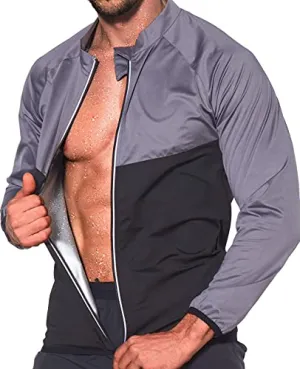 NINGMI Sauna Suit for Men Sweat, Thermal Workout Jackets Mens Gym Weight Loss, Slimming Shirt Fitness Zipper Long Sleeve Sweatsuit