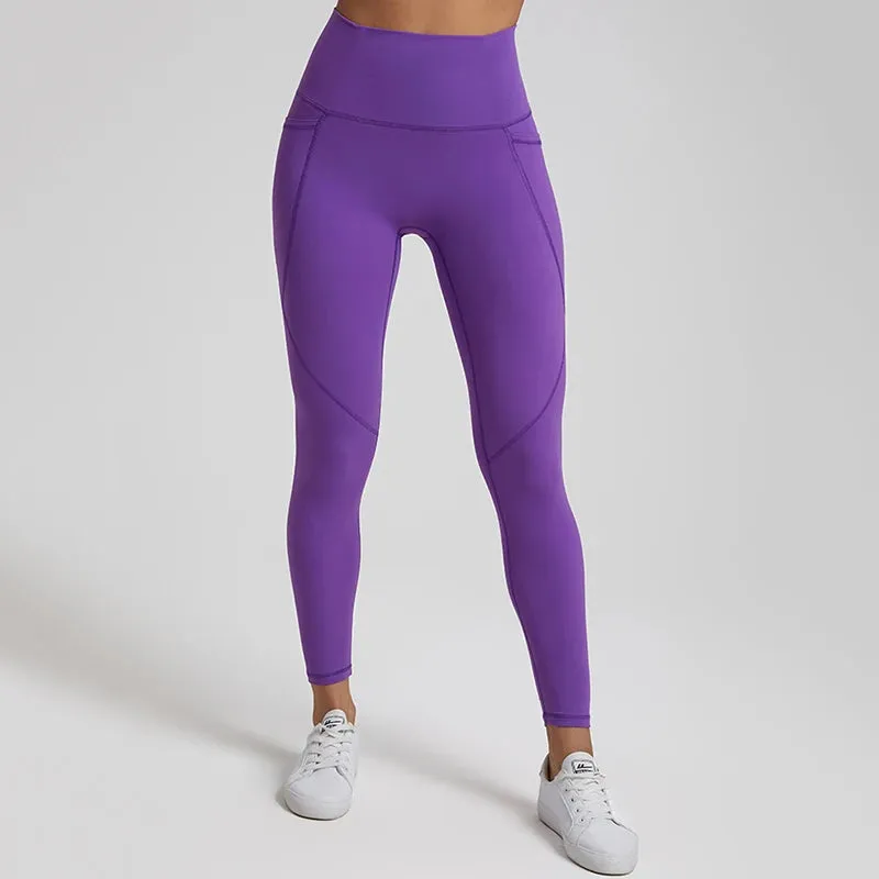 Nude No Front Seam Yoga Pants with 3 Pockets - Push Up Leggings for Gym and Fitness
