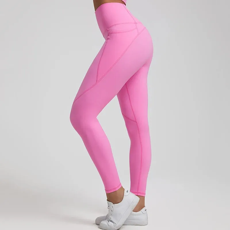 Nude No Front Seam Yoga Pants with 3 Pockets - Push Up Leggings for Gym and Fitness