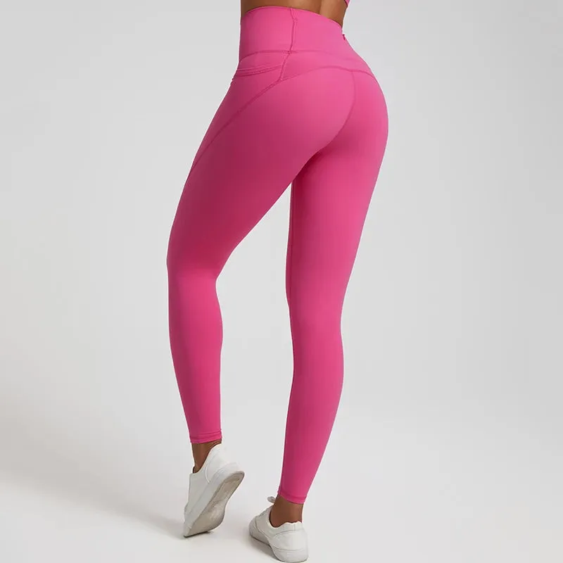 Nude No Front Seam Yoga Pants with 3 Pockets - Push Up Leggings for Gym and Fitness