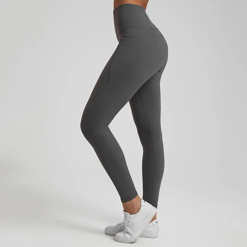Nude No Front Seam Yoga Pants with 3 Pockets - Push Up Leggings for Gym and Fitness