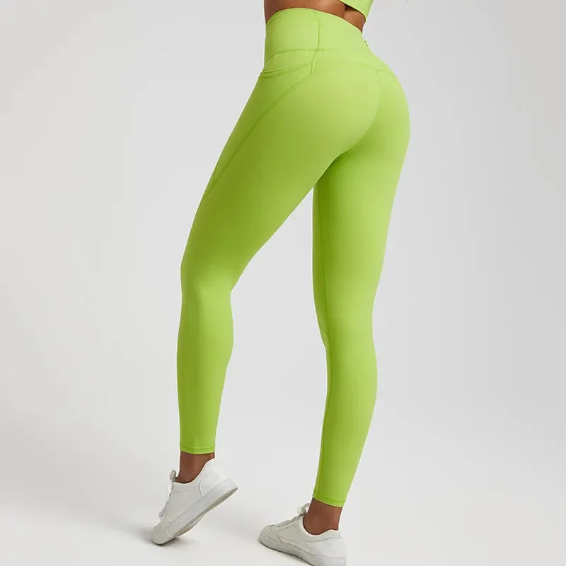 Nude No Front Seam Yoga Pants with 3 Pockets - Push Up Leggings for Gym and Fitness