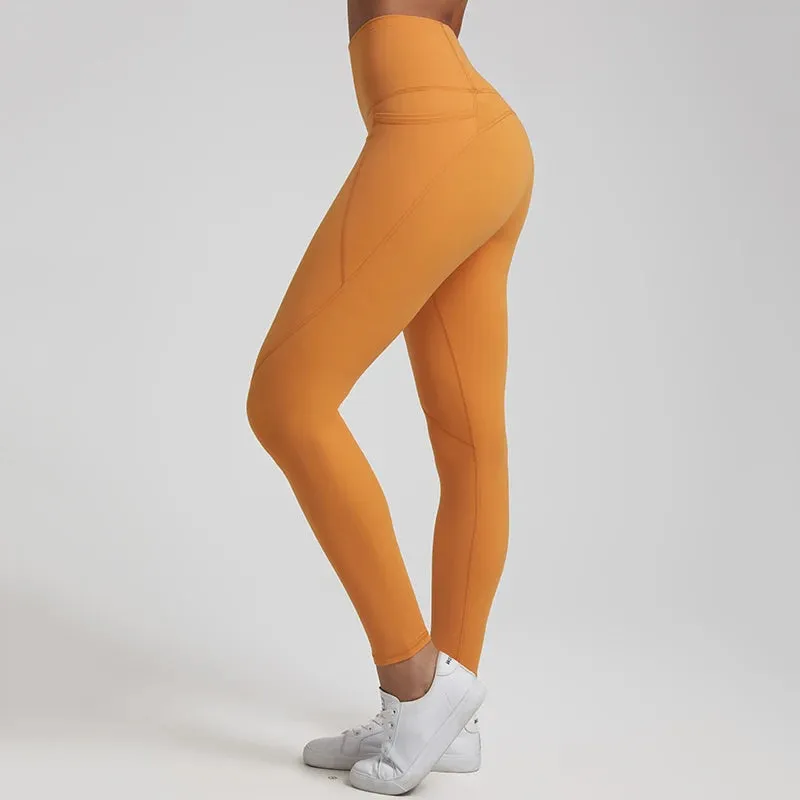 Nude No Front Seam Yoga Pants with 3 Pockets - Push Up Leggings for Gym and Fitness