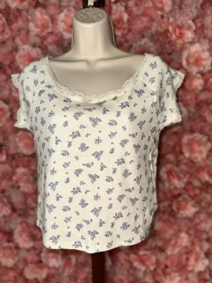 NWT Pink Rose (L) Brand New Off White Pointelle Floral Cropped Short Sleeve Top