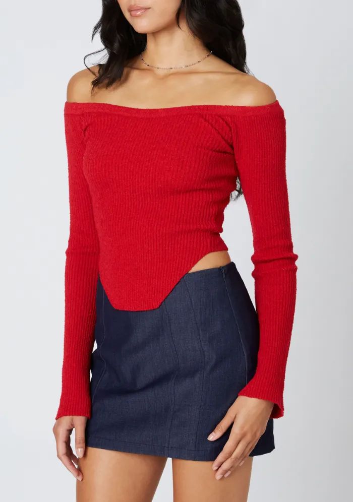 Off Shoulder Knit Scalloped Hemline Top