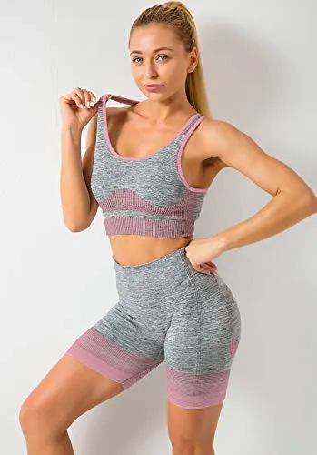 OLCHEE Women’s Workout Set 2 Piece Tracksuit - Seamless Bodycon Shorts Leggings and Sports Bra Tank Yoga Outfits - Pink and Grey Size S