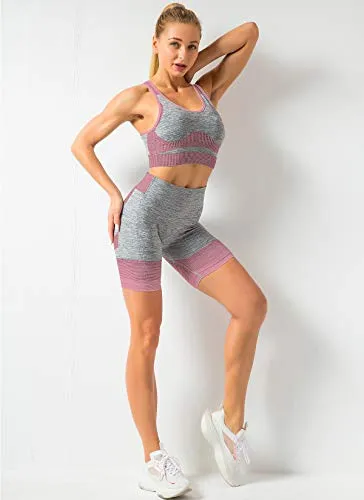 OLCHEE Women’s Workout Set 2 Piece Tracksuit - Seamless Bodycon Shorts Leggings and Sports Bra Tank Yoga Outfits - Pink and Grey Size S
