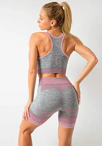 OLCHEE Women’s Workout Set 2 Piece Tracksuit - Seamless Bodycon Shorts Leggings and Sports Bra Tank Yoga Outfits - Pink and Grey Size S