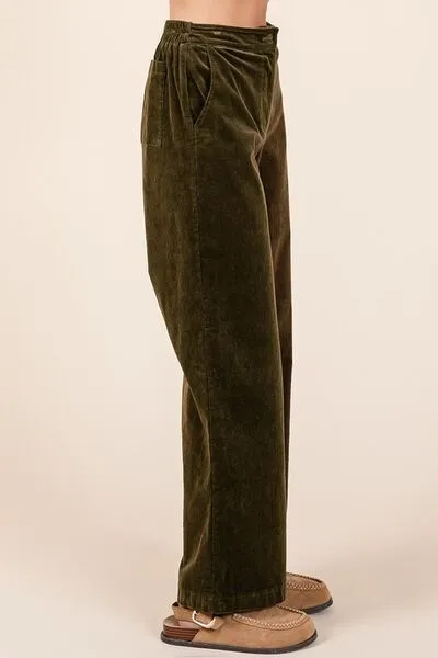Olive Green Corduroy Back Elastic Waist Pants