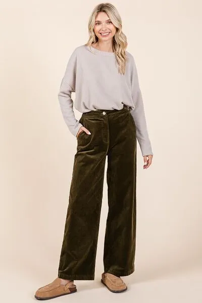 Olive Green Corduroy Back Elastic Waist Pants