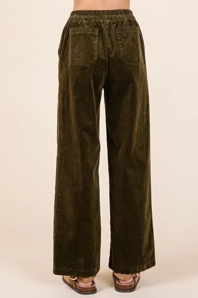 Olive Green Corduroy Back Elastic Waist Pants