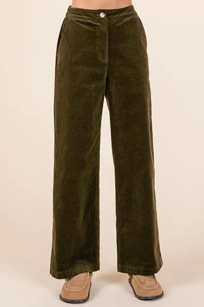 Olive Green Corduroy Back Elastic Waist Pants