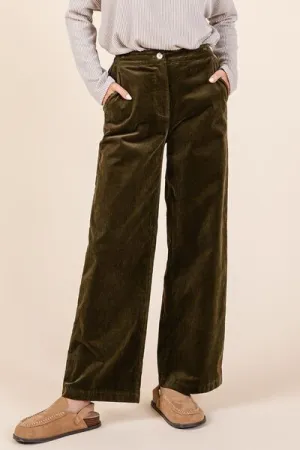 Olive Green Corduroy Back Elastic Waist Pants