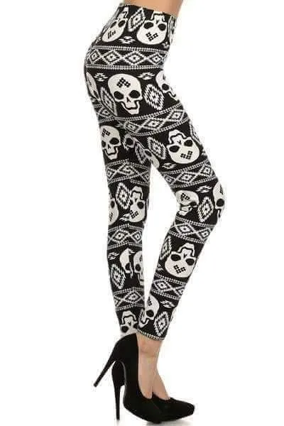 One Size Black & White Aztec Skull Print Leggings