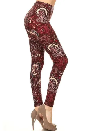One Size Burgundy & Creme Paisley Print Leggings