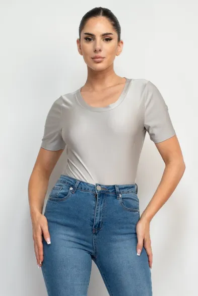 Oprah Satin Scoop Neck Basic Top- Silver