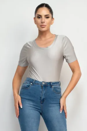 Oprah Satin Scoop Neck Basic Top- Silver