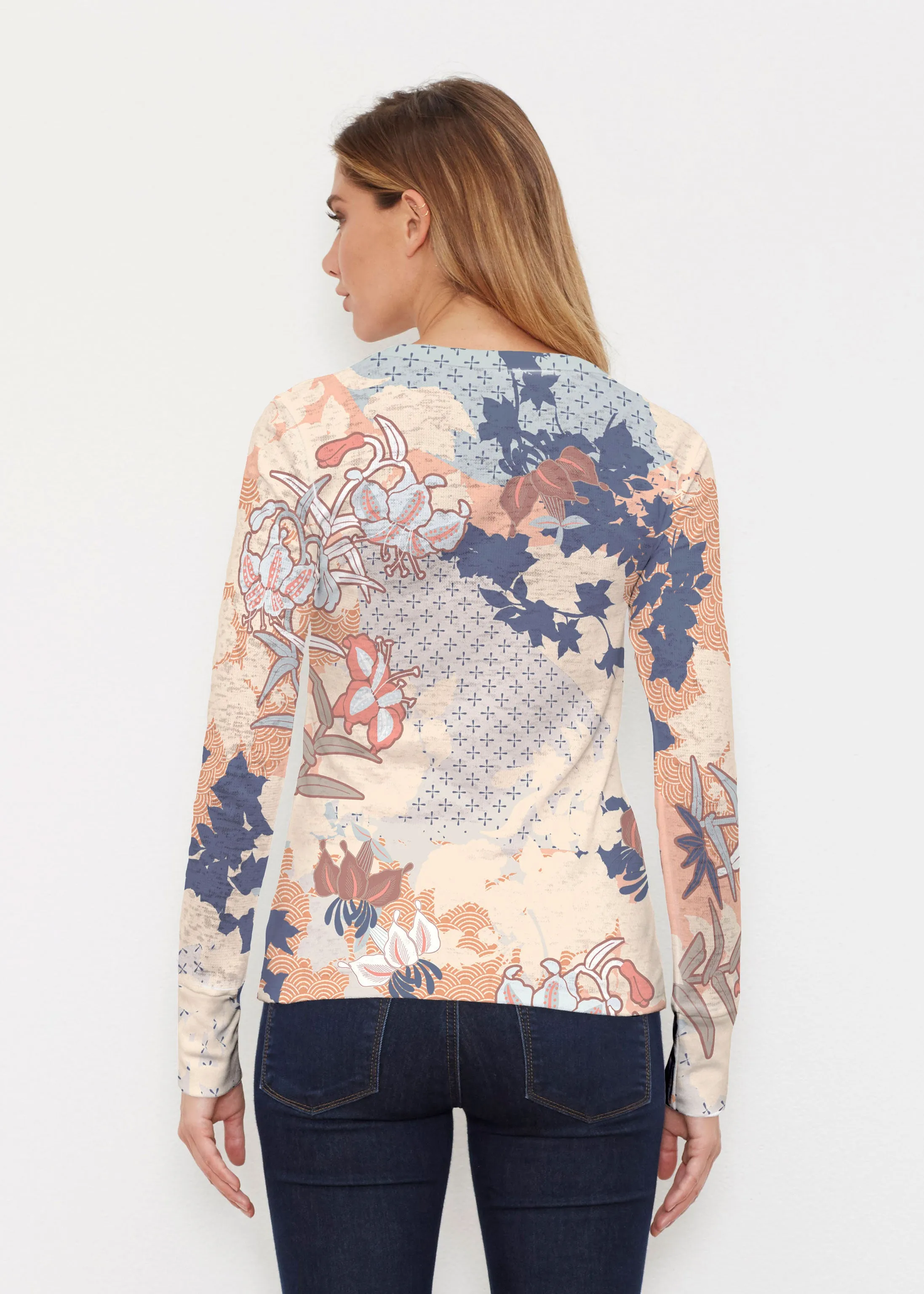 Oriental Floral (7868) ~ Thermal Long Sleeve Crew Shirt