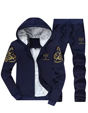 PASOK Men's Casual Tracksuit Full Zip Running Jogging Athletic Sports Jacket and Pants Set Thicken Blue 2XL