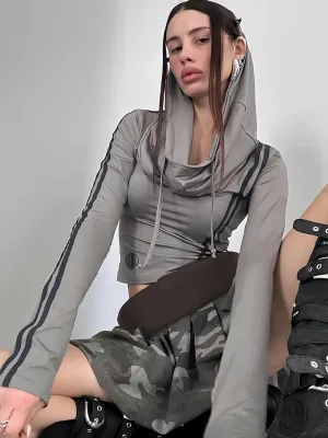 Patchwork Striped Hooded Crop Top – Full Sleeve Autumn/Winter Casual Streetwear for Women