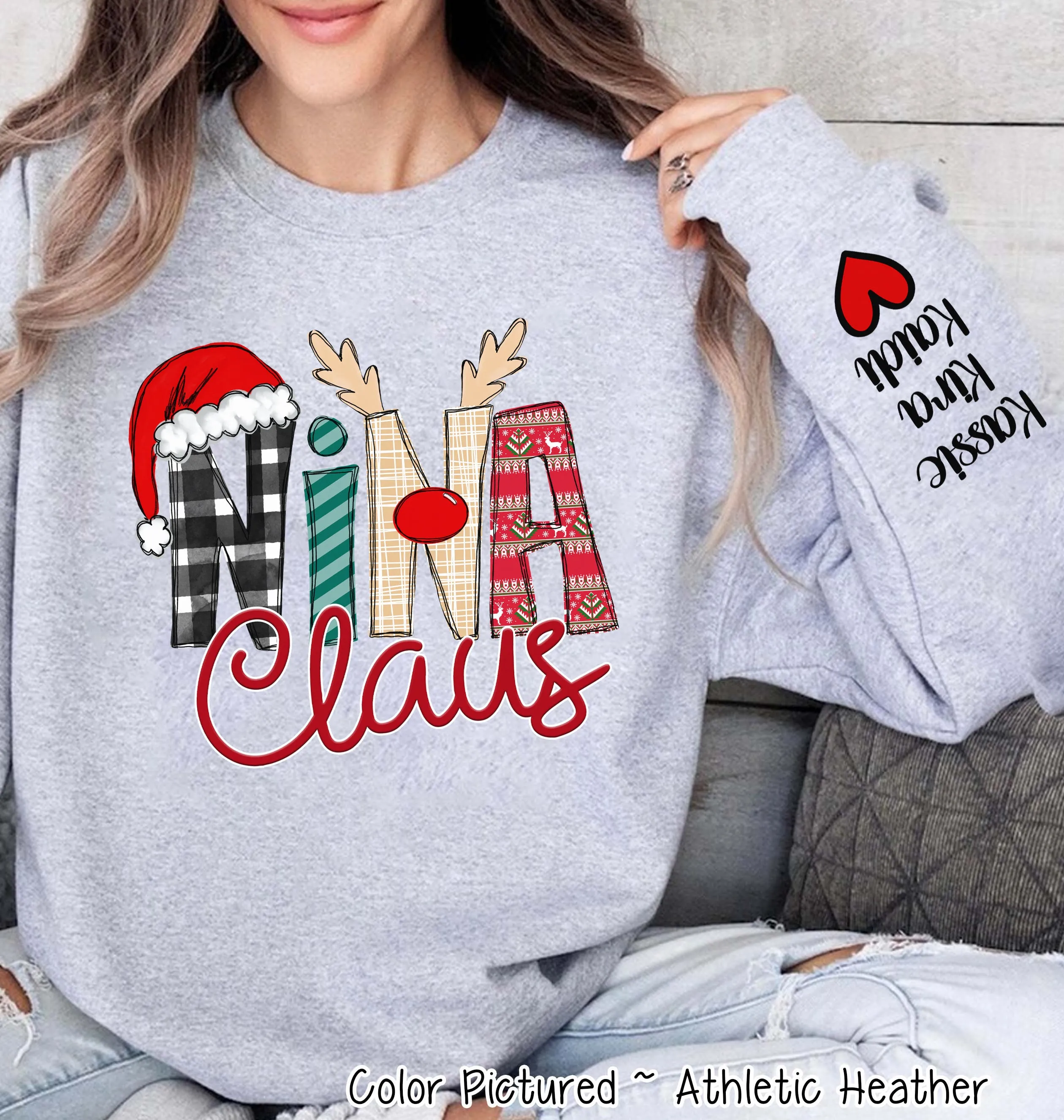 Personalized Christmas Clause Reindeer Names with Kids/Grandkids names on Sleeve Tee or Sweatshirt