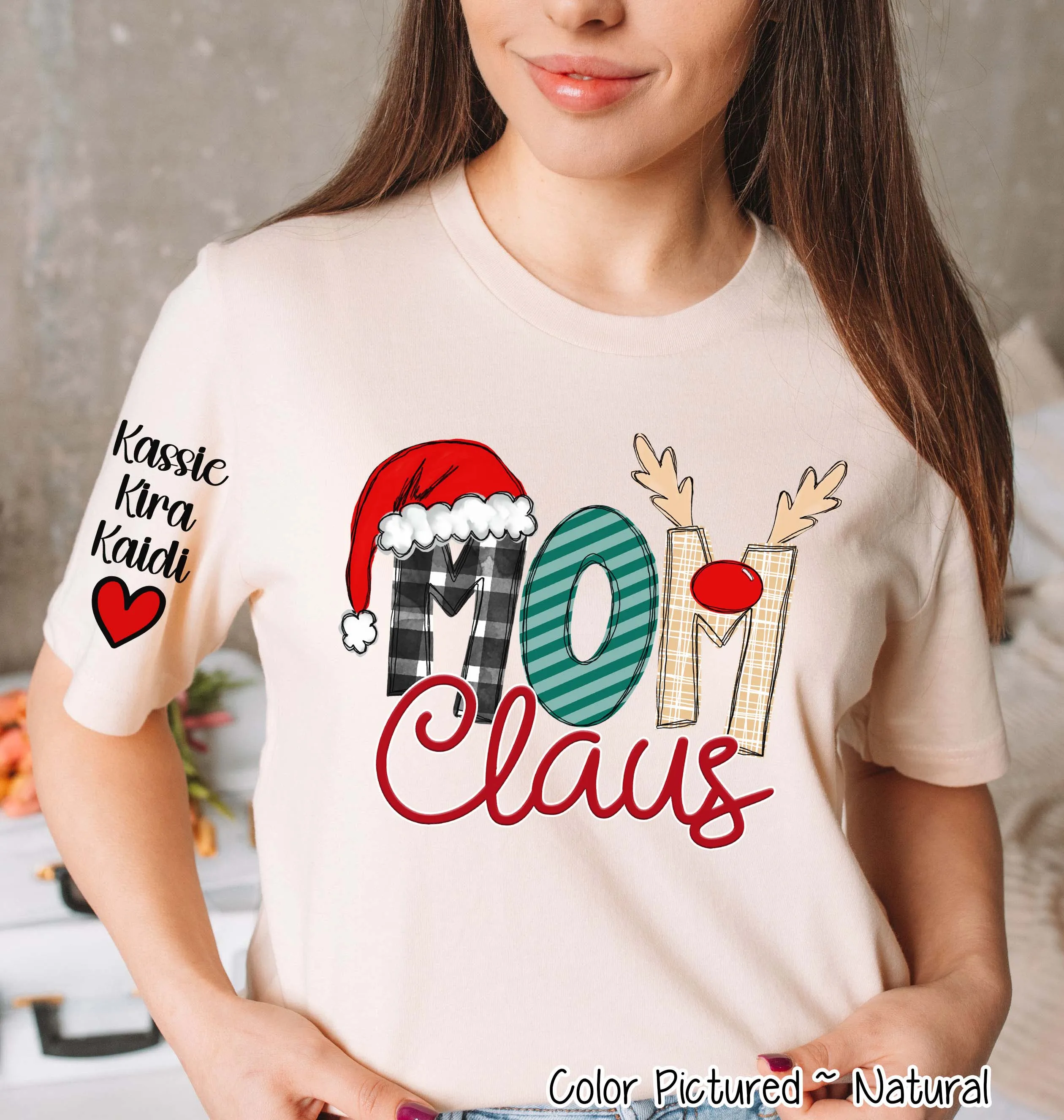 Personalized Christmas Clause Reindeer Names with Kids/Grandkids names on Sleeve Tee or Sweatshirt