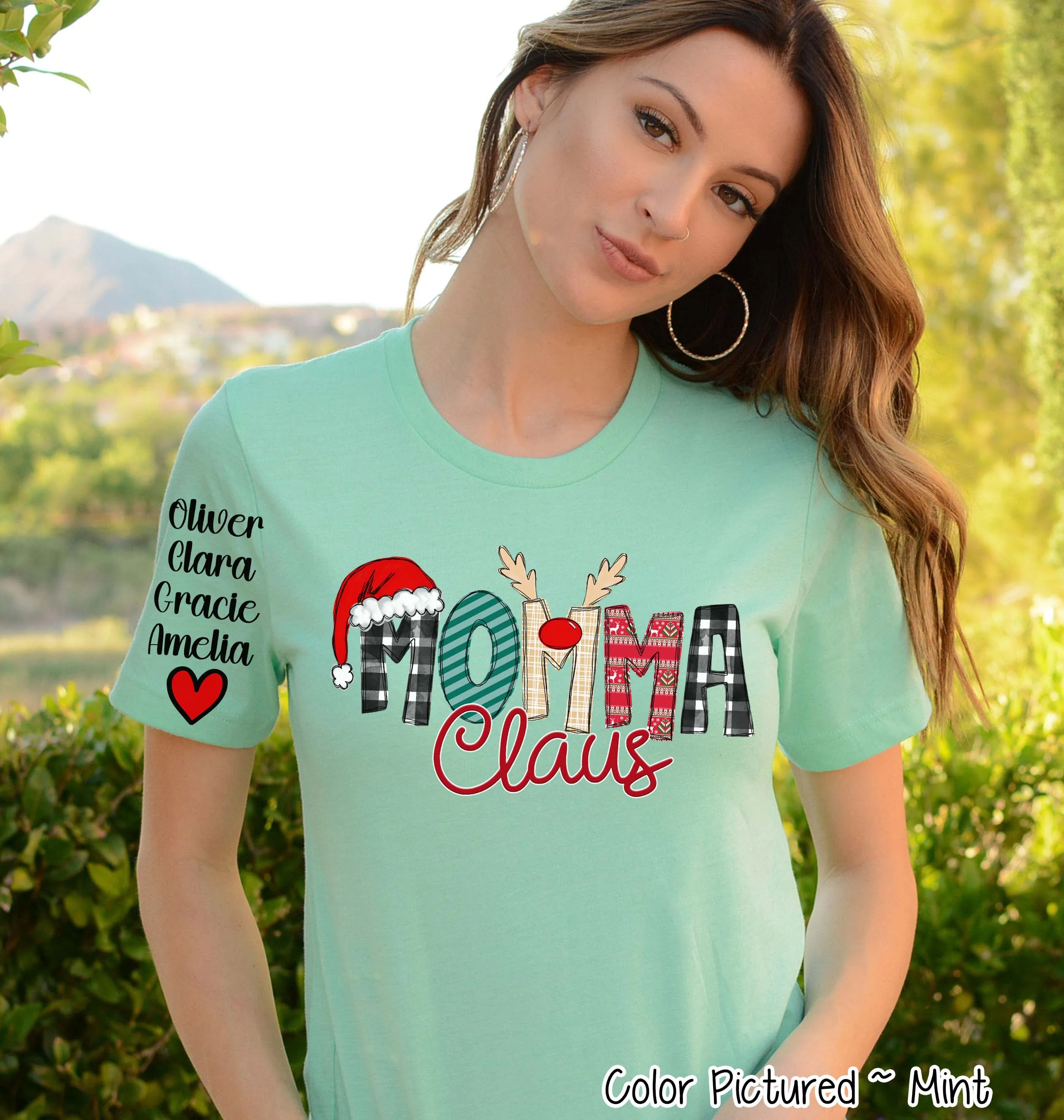 Personalized Christmas Clause Reindeer Names with Kids/Grandkids names on Sleeve Tee or Sweatshirt