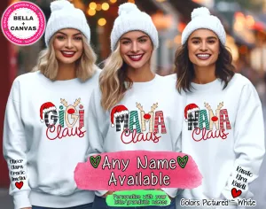 Personalized Christmas Clause Reindeer Names with Kids/Grandkids names on Sleeve Tee or Sweatshirt