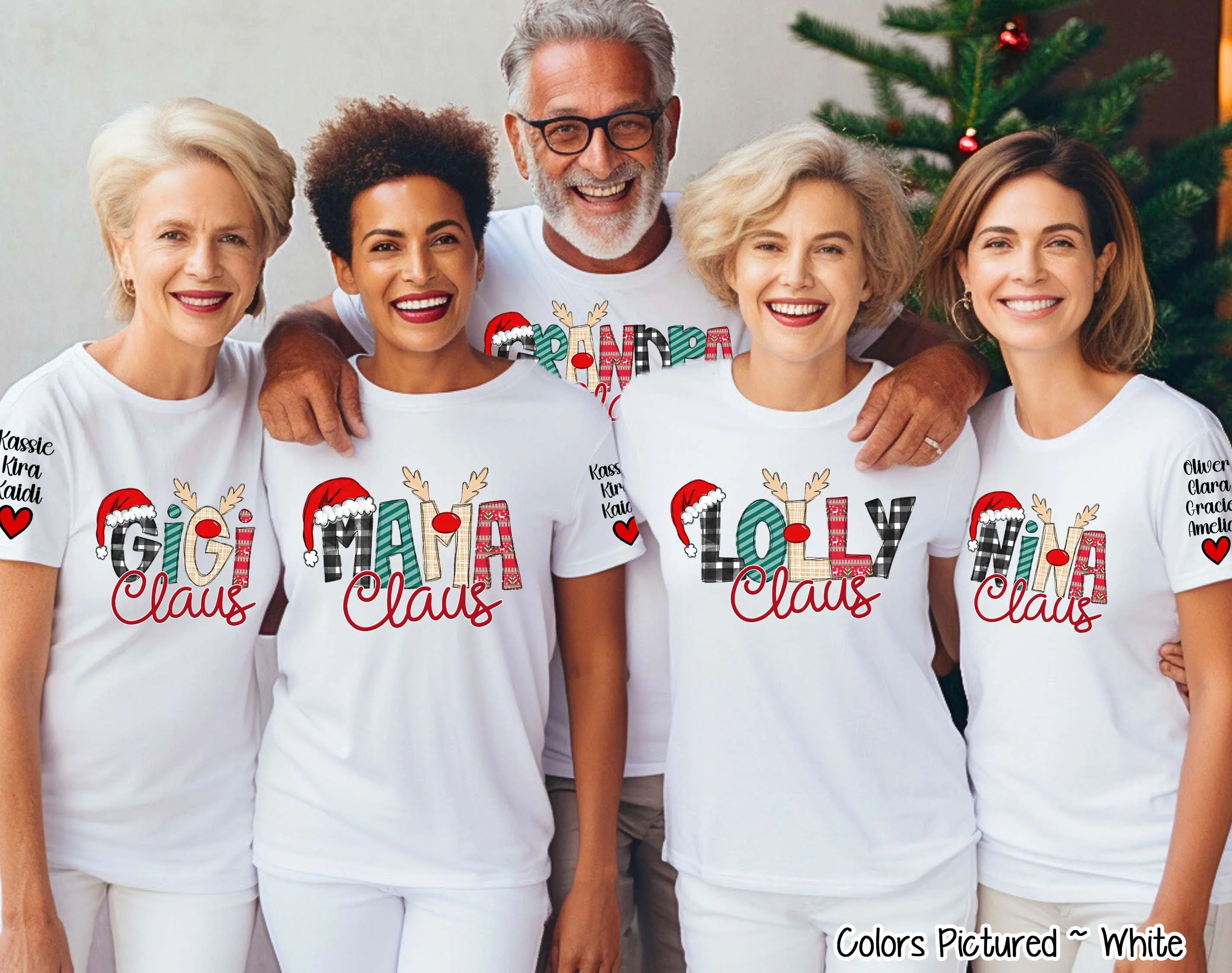 Personalized Christmas Clause Reindeer Names with Kids/Grandkids names on Sleeve Tee or Sweatshirt