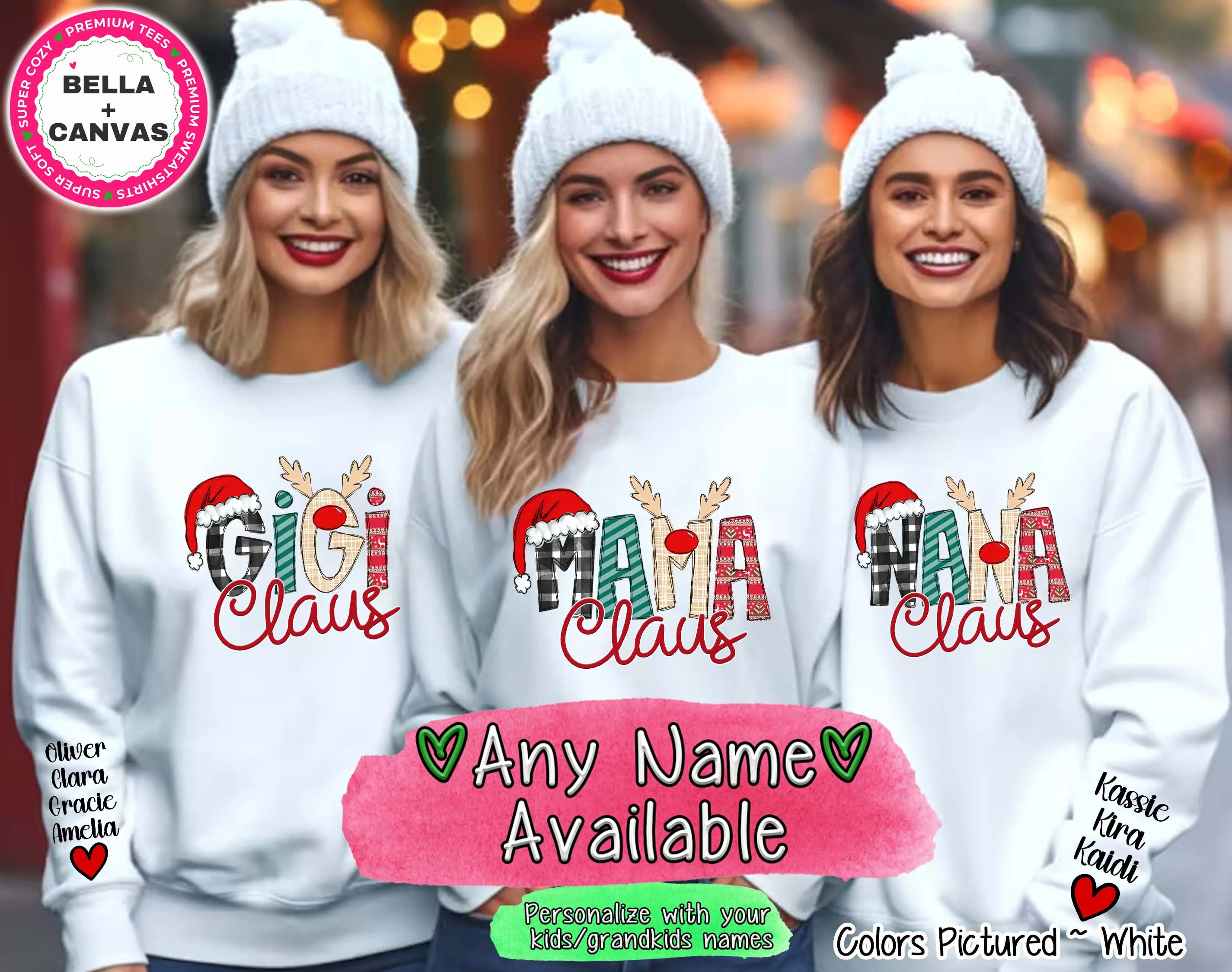 Personalized Christmas Clause Reindeer Names with Kids/Grandkids names on Sleeve Tee or Sweatshirt
