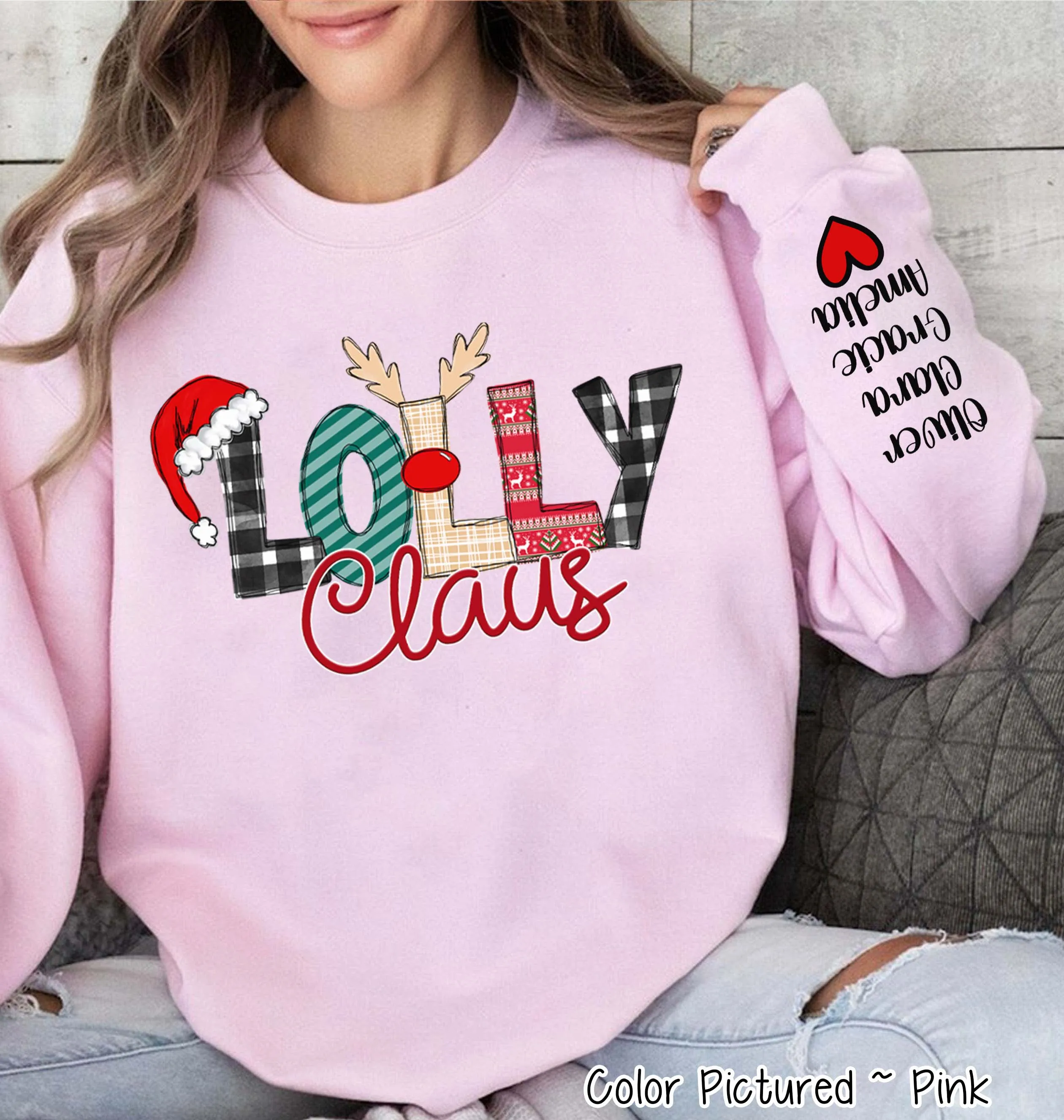 Personalized Christmas Clause Reindeer Names with Kids/Grandkids names on Sleeve Tee or Sweatshirt
