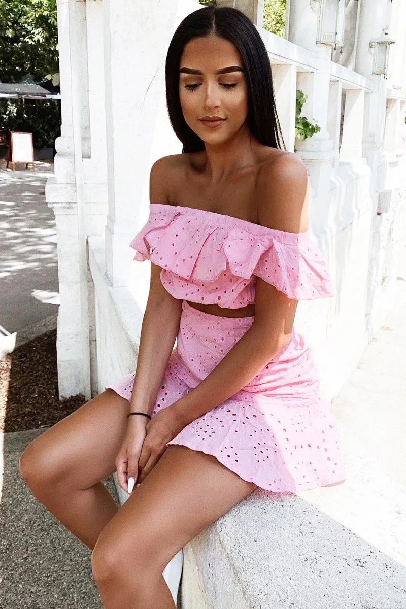 Pink Broderie Lace Bardot Crop Top Skirt Co-Ord - Dahlia