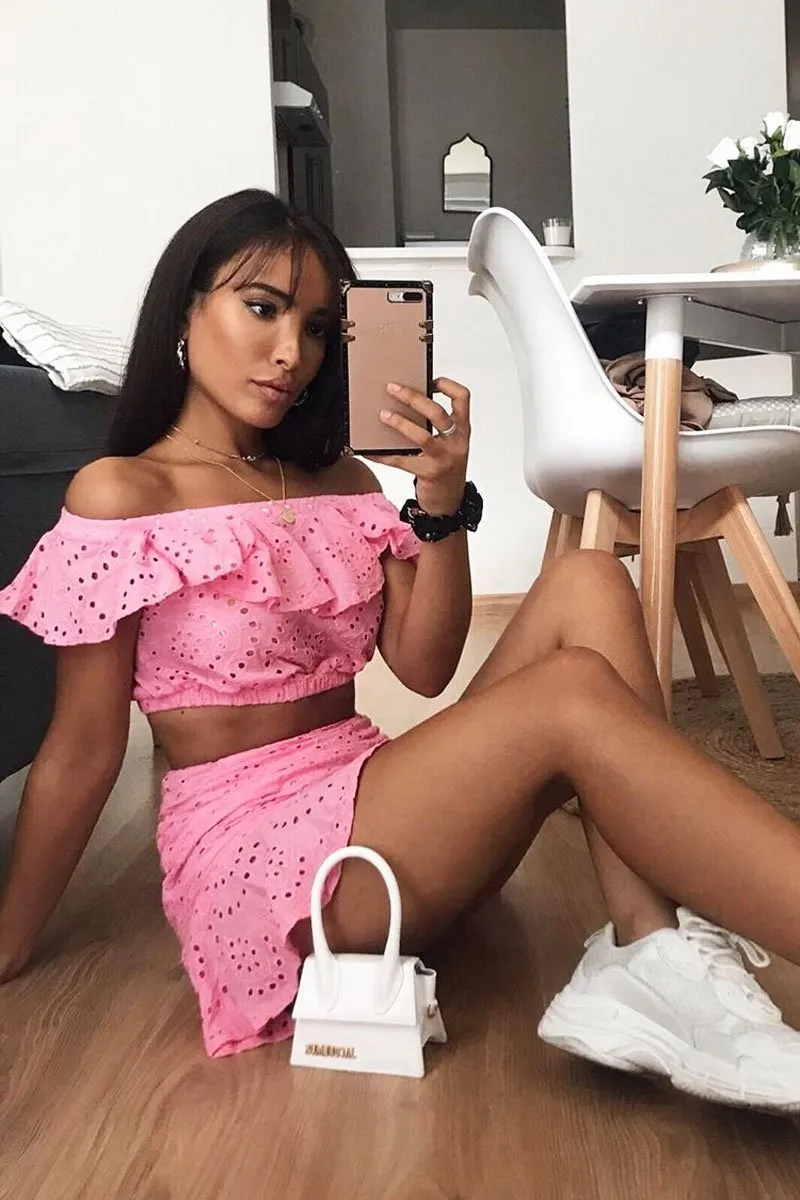 Pink Broderie Lace Bardot Crop Top Skirt Co-Ord - Dahlia