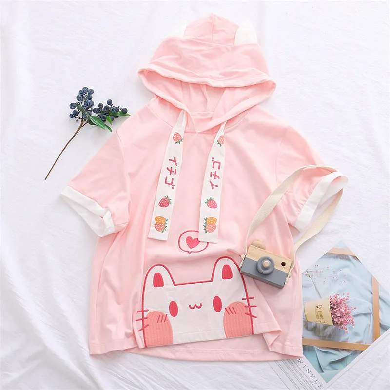 PINK CAT STRAWBERRY DRAWSTRING HOODIE UB2652