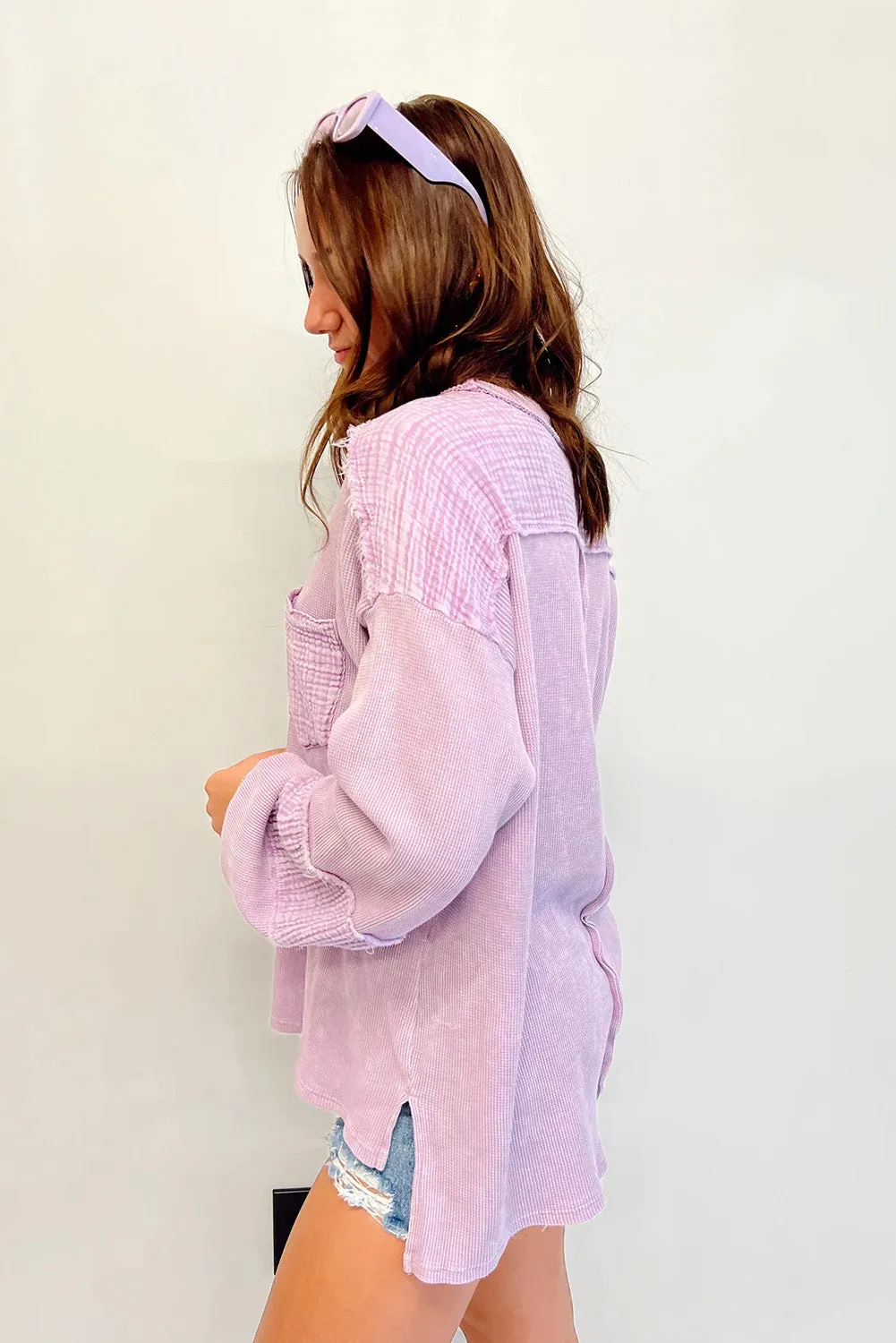 Pink Distressed Crinkle Patchwork Long Sleeve Top