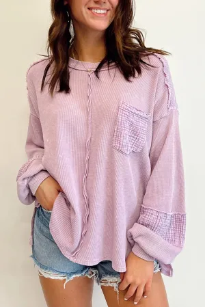 Pink Distressed Crinkle Patchwork Long Sleeve Top
