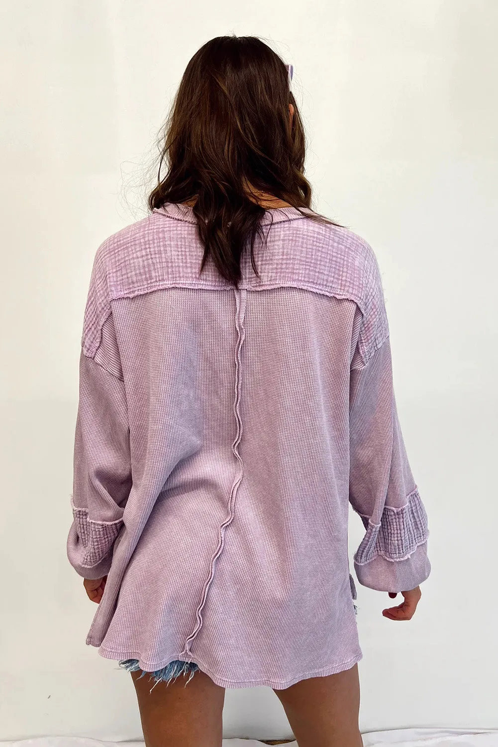 Pink Distressed Crinkle Patchwork Long Sleeve Top