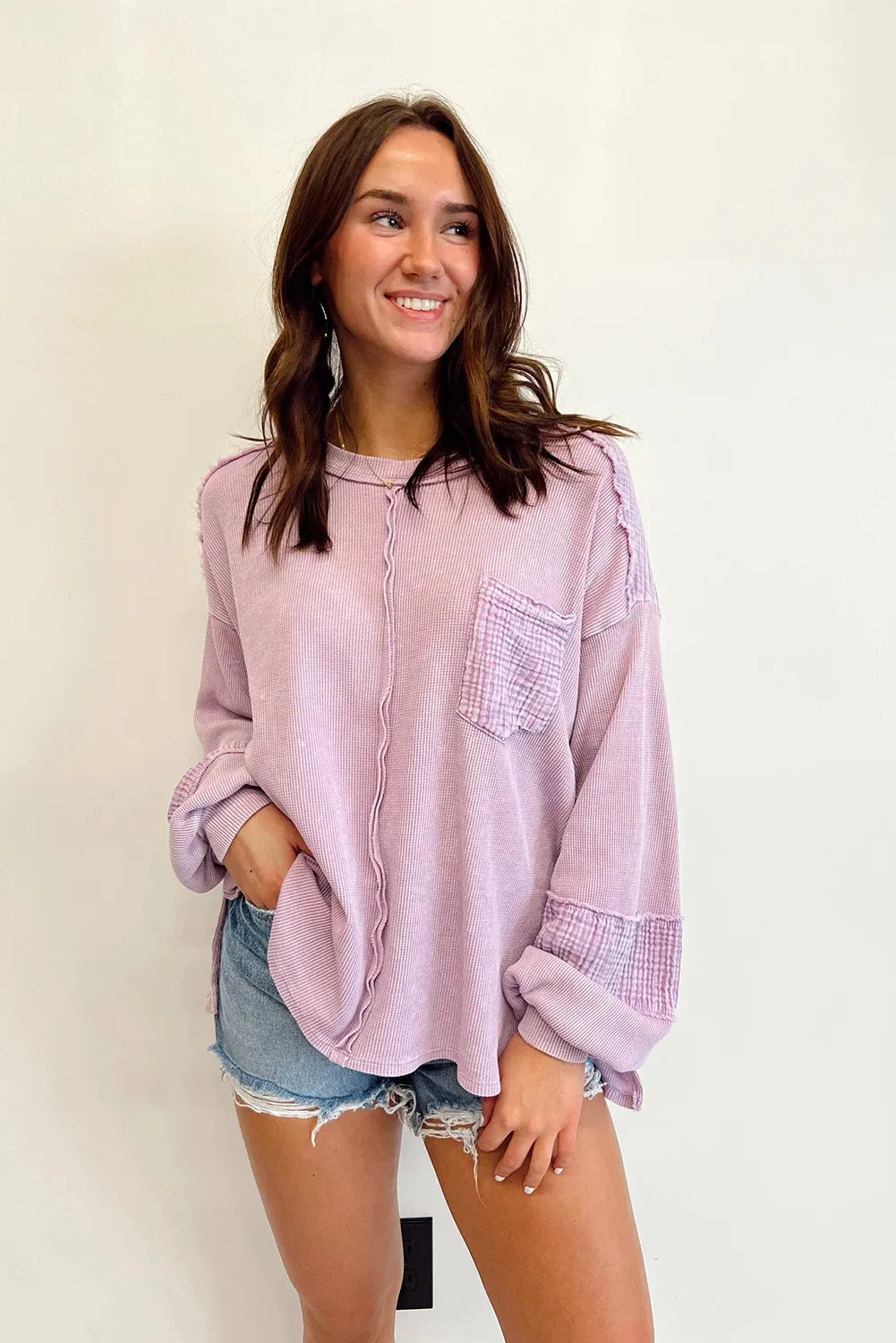 Pink Distressed Crinkle Patchwork Long Sleeve Top