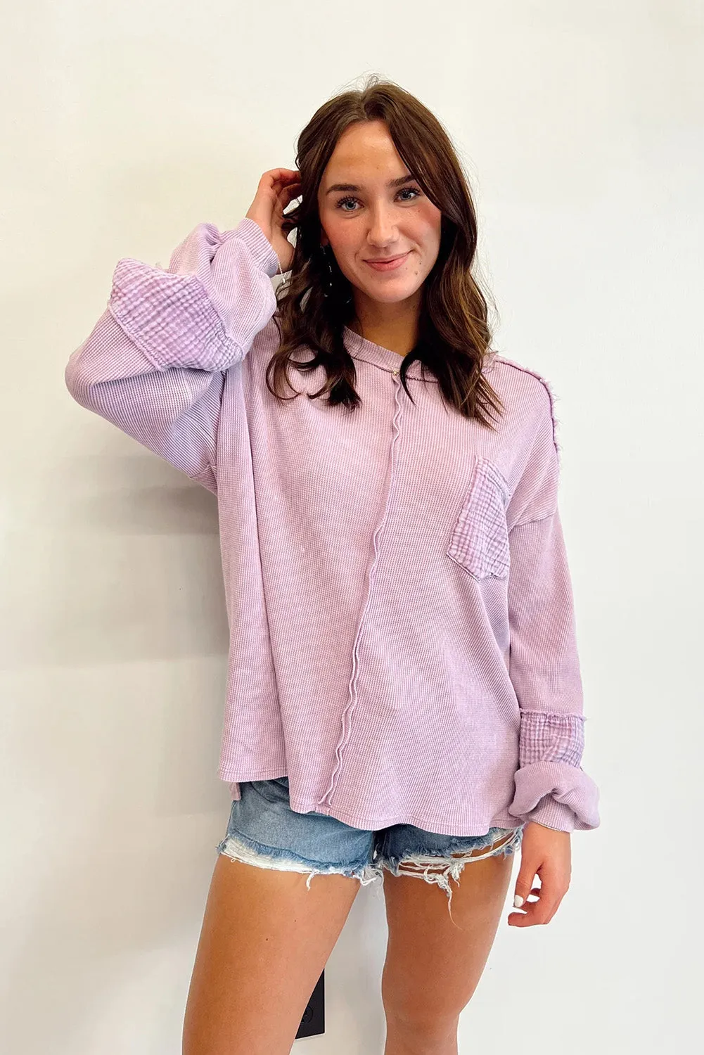 Pink Distressed Crinkle Patchwork Long Sleeve Top